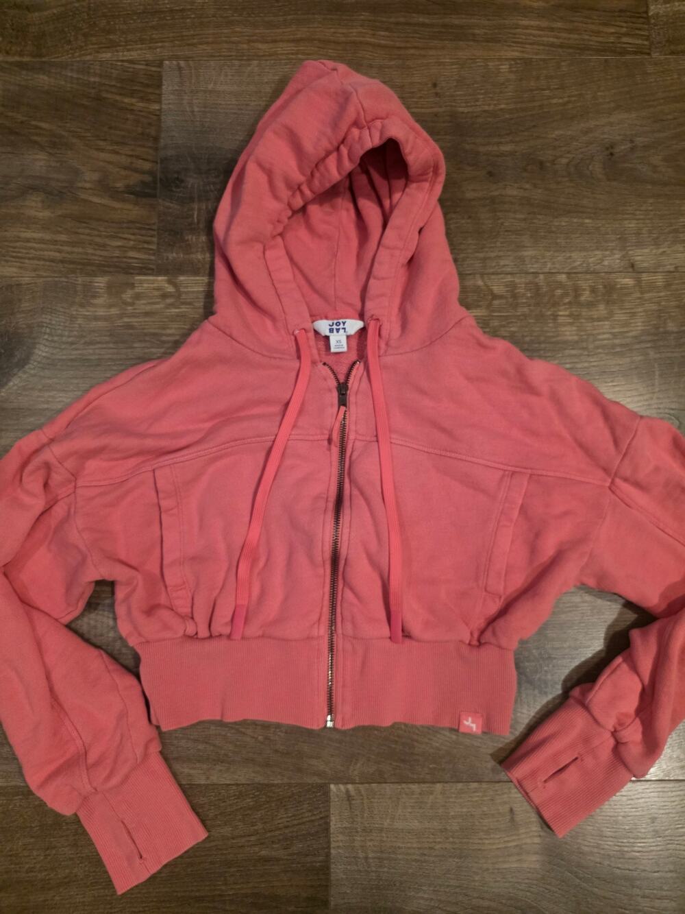 JoyLab Pink Cropped Full-Zip Active Hoodie with Thumbholes - Women's Size XS